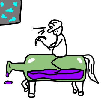 Un mineur a cheval sur une bouteille