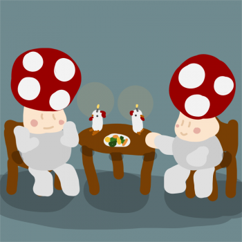 Tête à tête de champignons rougissant diant sur une table contenant 2 chandelles en formes de coq.