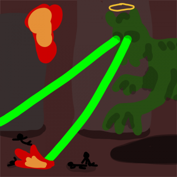 Un dieu qui lance des lasers avec les yeux sur un petit homme habile qui évite les lasers.